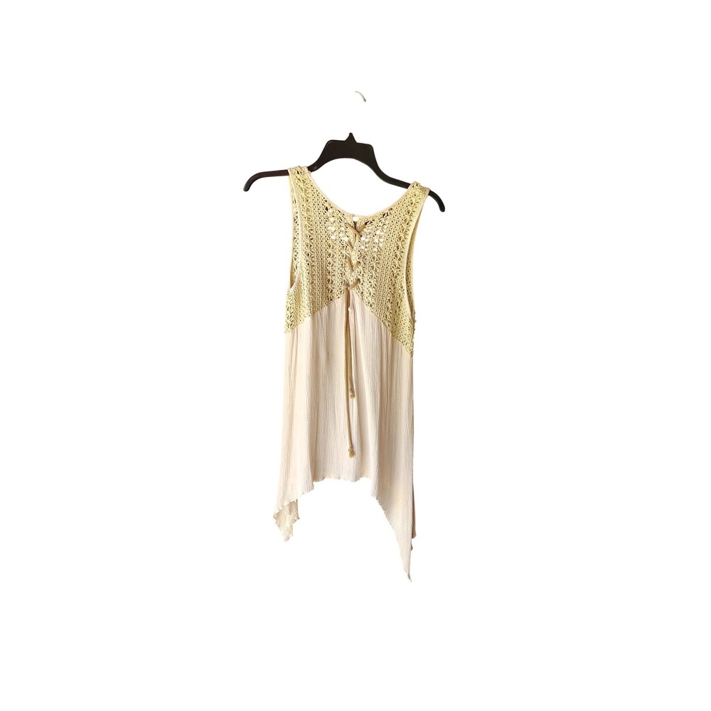 A'reve Cream Crochet Lace Up Tassel Sleeveless Sharkbite Hem Boho Tunic‎ Top S